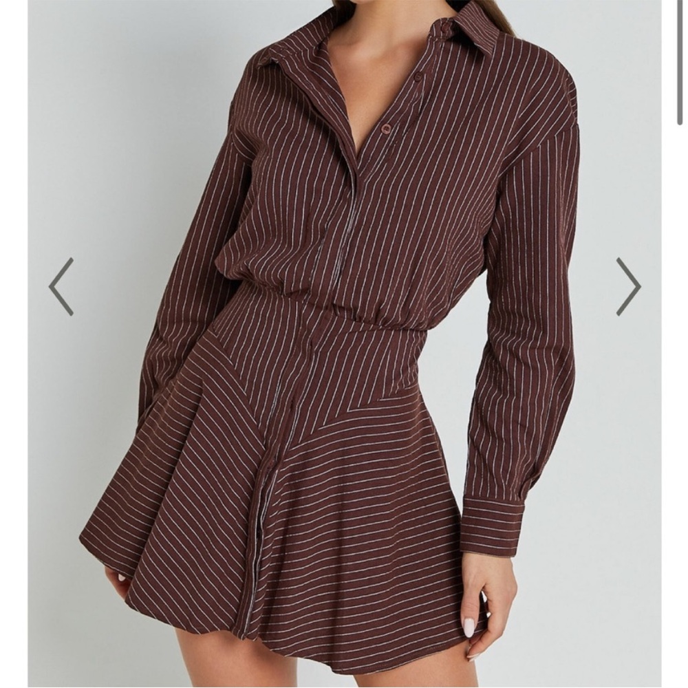 WHITNEY MINI DRESS - LINEN LOOK LONG SLEEVE SHIRT DRESS IN CHOCOLATE PINSTRIPE 2 - Picture 2 of 16